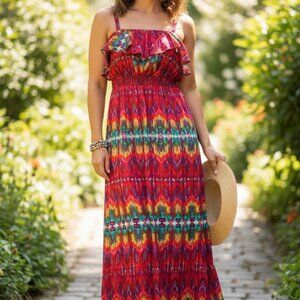 Women's Medium Colorful Pink Strapless Tiered Ruffle Maxi Dress